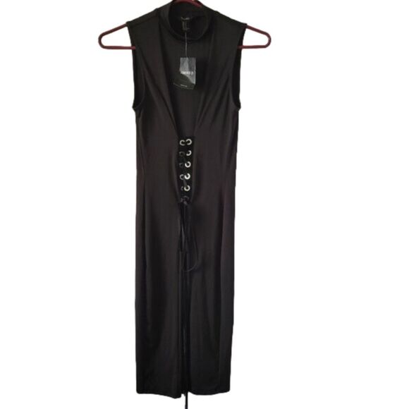 NEW Forever 21 Black Dress Maxi grommets tie Medium sleeveless cowl slit NWT - Picture 1 of 12